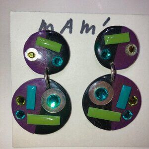 VINTAGE MAM DESIGNS BLACK PURPLE SIGNED PIERCED EARRINGS